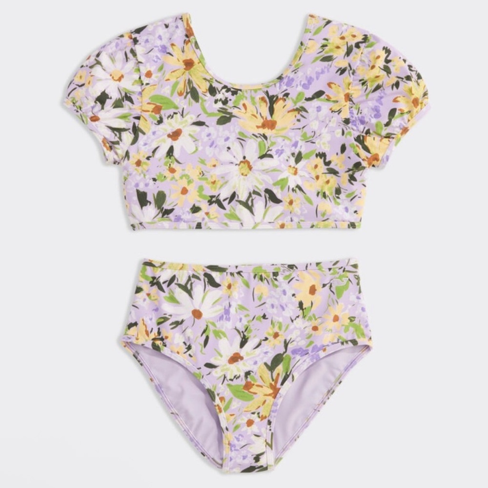 Vineyard Vines Girls Puff-Sleeve Two-piece Swimsuit in Floral Iris Medium 12/14
